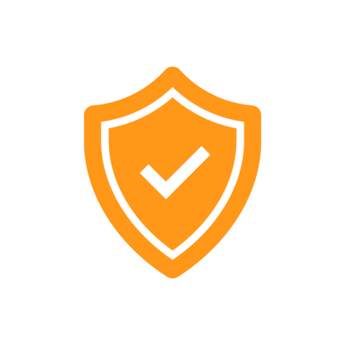Orange shield icon with a white tick